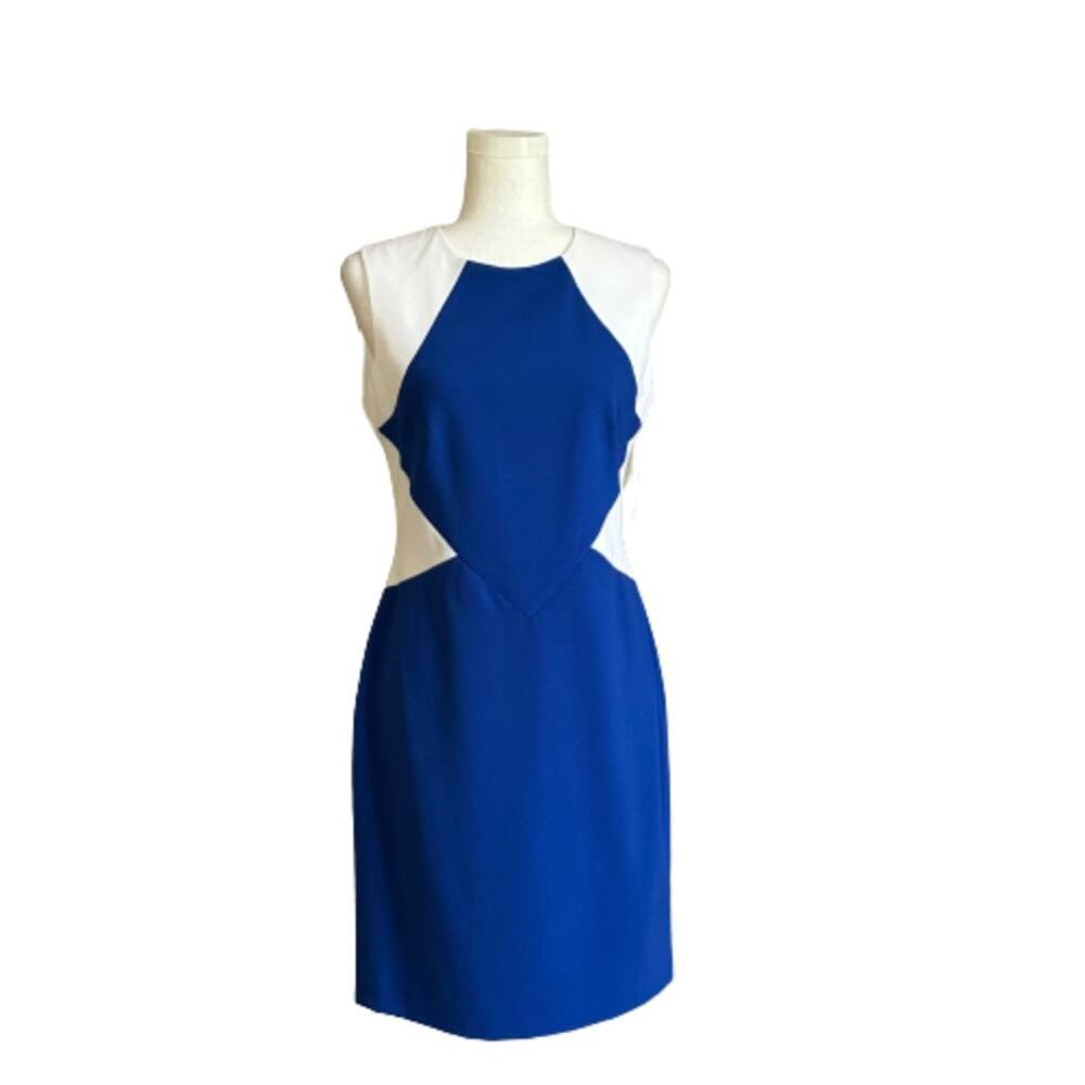 Vicky Tiel Dress Blue White Color Block Sleeveless Career Business Size 4 NEW
